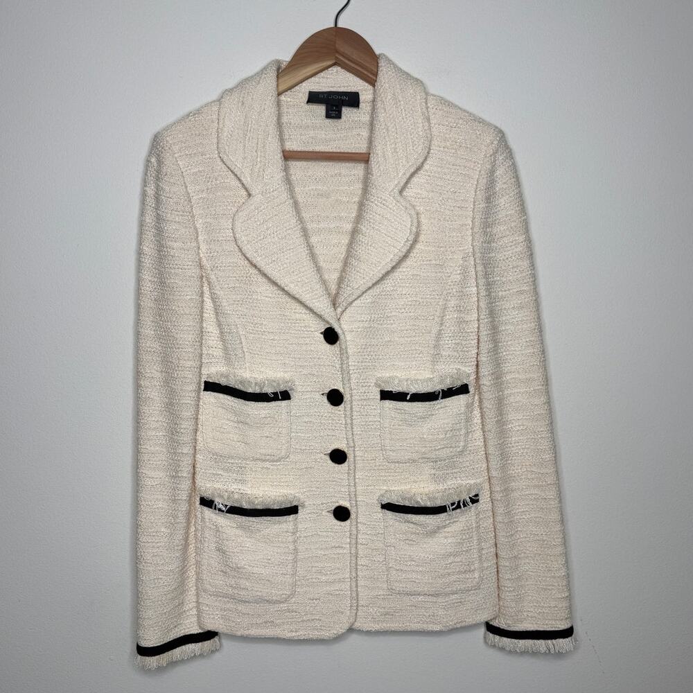 St. John Ivory Wool Boucle Knit Blazer Jacket Black Trim Fringe Size 8 USA